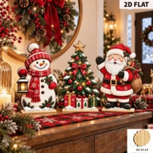 2D Flat 3-Piece Set Santa Claus, Snowman, Christmas Tree Wooden Desktop Decor, Rustic Farmhouse Vintage Style Holiday Tabletop Decoration; Red And White Hat And Scarf Snowman Figure With Small Christmas Tree And Gift Box - A - View 1