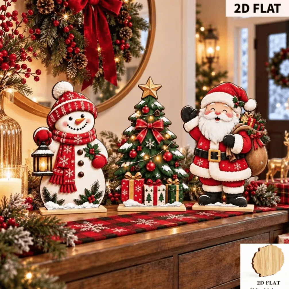 2D Flat 3-Piece Set Santa Claus, Snowman, Christmas Tree Wooden Desktop Decor, Rustic Farmhouse Vintage Style Holiday Tabletop Decoration; Red And White Hat And Scarf Snowman Figure With Small Christmas Tree And Gift Box - A - View 1