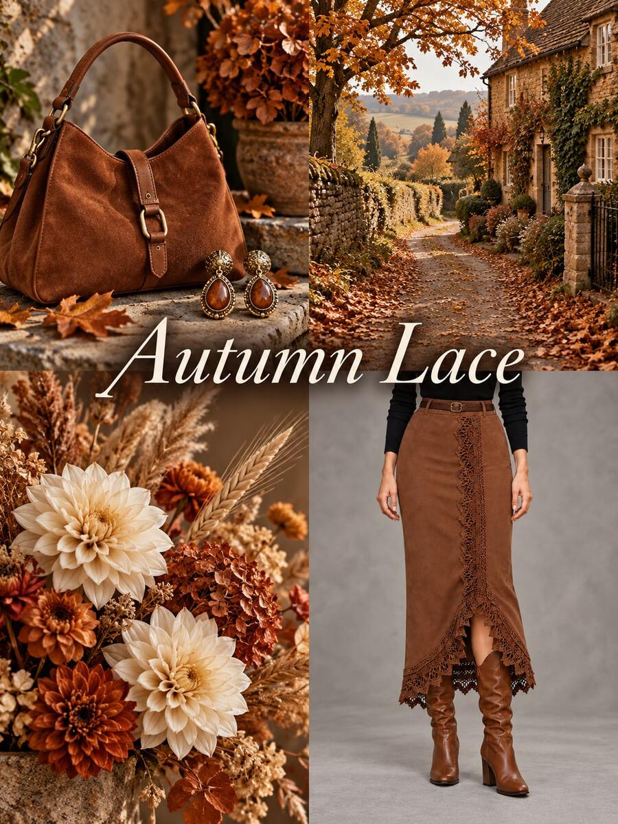 Women's Brown High Waist Lace Patchwork Midi Skirt, Asymmetrical Wavy Hem, Elastic Back Waist, Vintage Commute & Date Style For Autumn