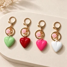 4pcs Rose Heart-Shaped Keychains, Glossy Colorful Heart Bag Charms, Sweet Style Bag Pendant, Creative Small Gift Accessories, Suitable For Girls And Women - Multicolor - View 4