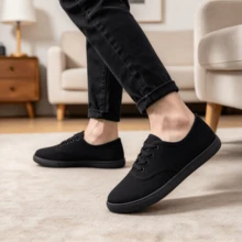 Men's Canvas Casual Shoes, Breathable Lightweight Anti-Slip Walking Shoes, Solid Color Round Toe Lace-Up Low-Top Flat Design, All-Season Versatile Minimalist All-Match Style, Suitable For Daily Commute, Work And Back To School Wear - Black - View 12