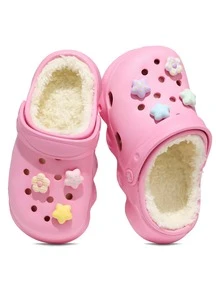 Eye-Catching Polka Dot Plaid Star Charms Embellish Kids Girls Warm Garden Clogs, Cozy Fuzzy Inner Lining, Casual Slip-On Shoes For All Occasions - Pink - View 3