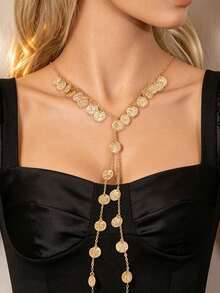 1pc Fashionable Minimalist Street Style Vintage Coin Y-Shaped Necklace With Tassel Pendant, Suitable For Parties, Vacations And Daily Wear (Random Number Of Coins) - Style 1 - View 3