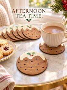 6pcs/Set Christmas Themed Round Wooden Coaster, Festive Heat-Resistant Cup Mat And Table Protector For Coffee Mugs, Tea Cups And Drinks, Decorative Holiday Tableware For Kitchen, Dining Table, Christmas Party And Home Decor - View 5