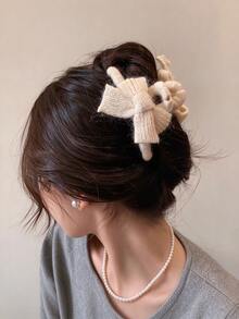 1pc Women Knitted Bow Hair Claw Clip, Solid Color Large Bowknot Hair Accessory For Updo Hairstyle - Multicolor - View 6