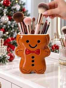 1pc Christmas Gingerbread Man Makeup Brush Holder, Cute Bow Tie Cosmetic Organizer For Lipsticks & Beauty Tools, Festive Vanity Desktop Decor - Multicolor - View 9