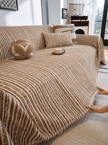 1PC Minimalist Fashion Striped Textured All-Season Sofa Cover, Pet-Friendly Washable Sofa Slipcover, Suitable For All Seasons, Modern Minimalist Design, Tassel Sofa Blanket, Living Room Bedroom Home Decor - Brown - View 2