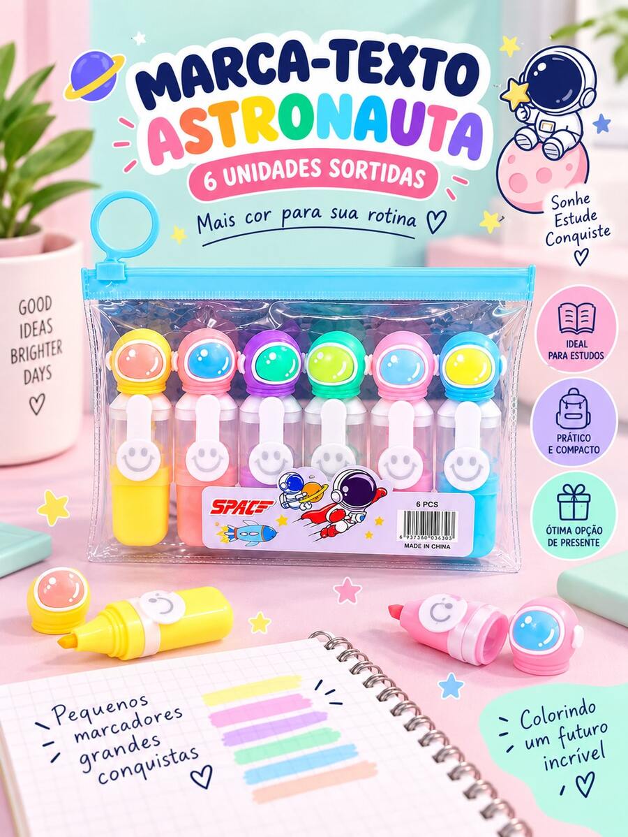 MARCA-TEXTO PANDA OU ASTRONAUTA 6 UNIDADES CORES SORTIDAS PAPELARIA CRIATIVA PARA ESCOLA ESTUDOS CADERNO PLANNER E PRESENTE - MARCA TEXTO ASTRONAUTA - Visão 1