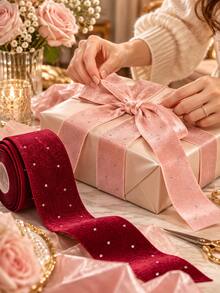 Shiny Rhinestone Velvet Ribbon, Multiple Colors Available, Burgundy And Light Pink Soft Velvet Decorative Ribbon, Suitable For High-End Gift Boxes, Weddings, Bows, Floral Arrangements, Hair Accessories, Clothing, Festivals And Handmade DIY - Rhinestone Ribbon - View 3
