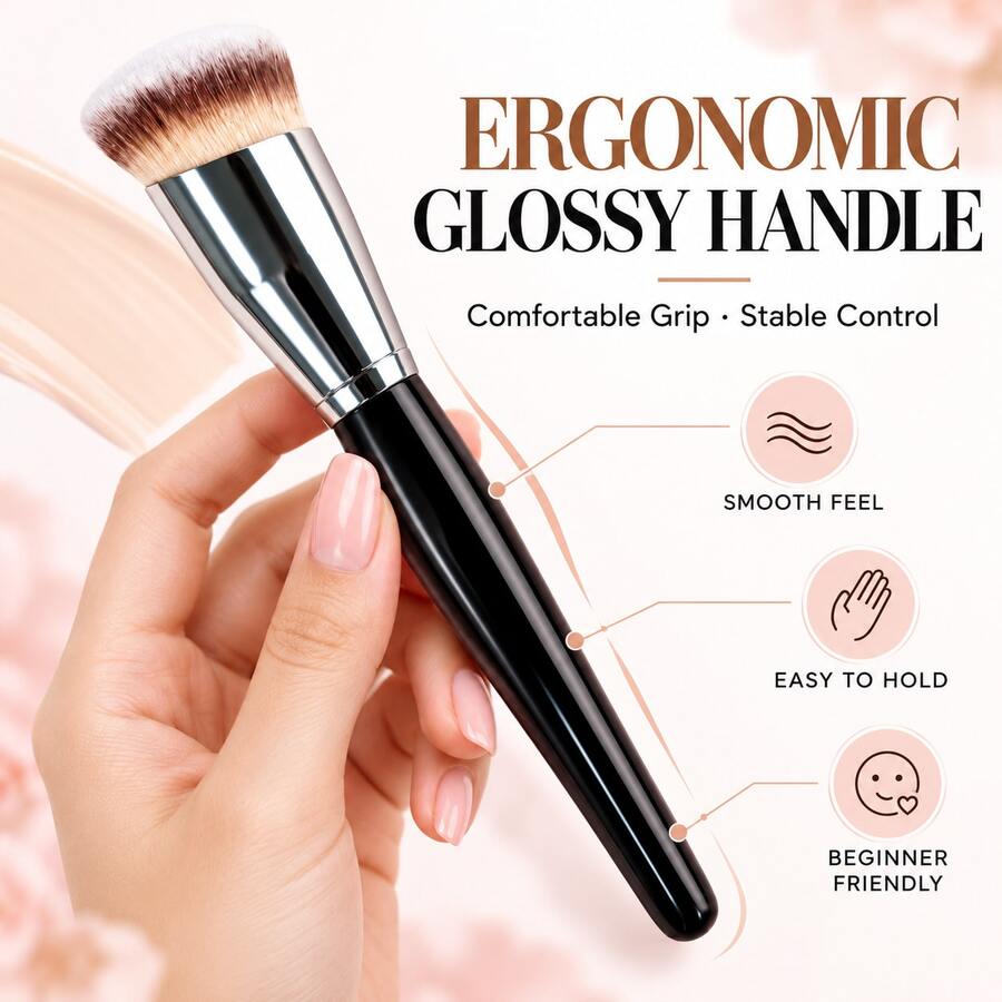 Professional Angled Foundation Brush Set, With Black Handle Suitable For Liquid/Cream Foundation. Nylon Bristles And Oval Brush Head Can Be Used For Contouring, Blending And Powder Application. Suitable For All Skin Types. - Black - View 1