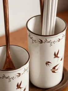 1PC Vintage Swallow Ceramic Chopstick Holder Set With Dual Cup Tray, Draining Chopstick Basket, Kitchen Utensil Storage Holder For Knives, Forks, Spoons, Retro Tableware Organizer - Multicolor - View 5