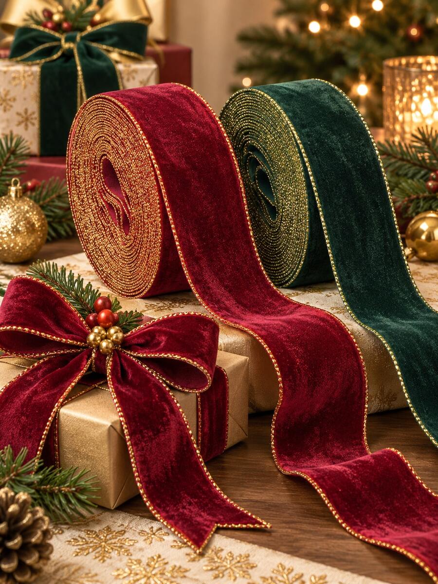 2 Rolls Luxury Christmas Velvet Ribbon - 1cm-4cm Burgundy Forest Green ...