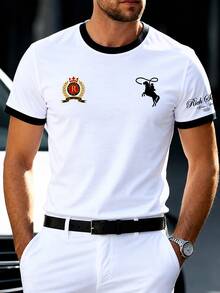 Men's Badge Horse Print Contrast Trim Short Sleeve T-Shirt, Business Casual Style, Versatile Top For Daily Commute, Driving, City Gatherings - White - View 5