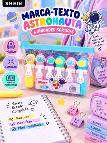MARCA-TEXTO PANDA OU ASTRONAUTA 6 UNIDADES CORES SORTIDAS PAPELARIA CRIATIVA PARA ESCOLA ESTUDOS CADERNO PLANNER E PRESENTE - MARCA TEXTO ASTRONAUTA - Visão 3