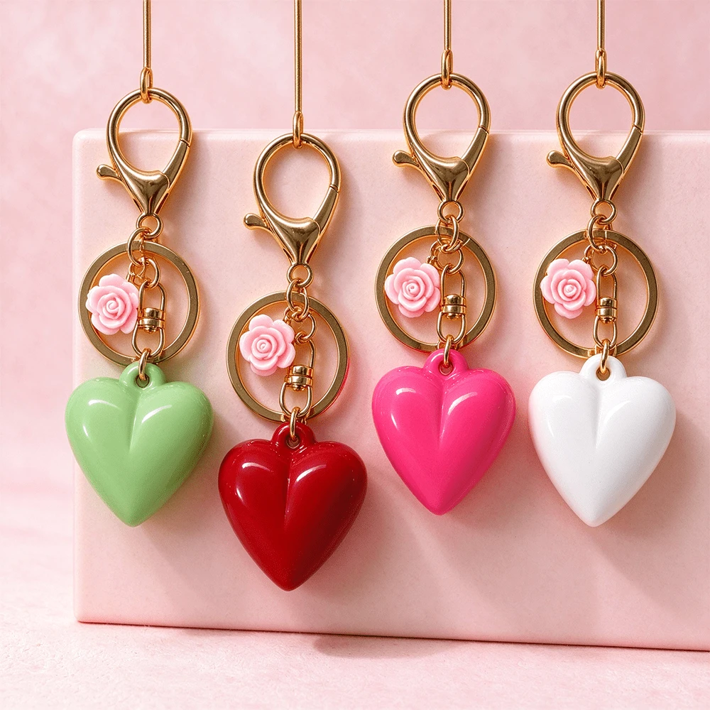 4pcs Rose Heart-Shaped Keychains, Glossy Colorful Heart Bag Charms, Sweet Style Bag Pendant, Creative Small Gift Accessories, Suitable For Girls And Women - Multicolor - View 1