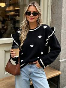 Elegant Elegant Heart Contrast Color Patchwork Pullover Sweater With Ruffle Design, Loose Fit Versatile Long Sleeve Casual Knit Top For Women, Autumn/Winter Valentine's Day Date - Black - View 4
