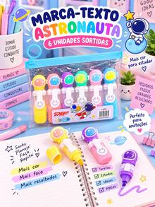 MARCA-TEXTO PANDA OU ASTRONAUTA 6 UNIDADES CORES SORTIDAS PAPELARIA CRIATIVA PARA ESCOLA ESTUDOS CADERNO PLANNER E PRESENTE - MARCA TEXTO ASTRONAUTA - Visão 7