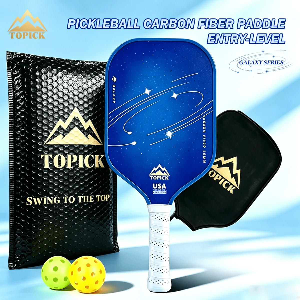 TOPICK 1Pc Blue Pickleball Racket Pickleball Paddle T700 Carbon Fiber PP Honeycomb Core 16mm Galaxy Series For Beginners For Men And Women With 2 Free Balls 1 Cover Entry-Level Paddle