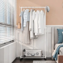 1pc Double Rod Mobile Clothes Drying Rack With Wheels, Simple Freestanding Garment Rack For Indoor Clothes Hanging, Suitable For Bedroom, Balcony And Cloakroom Use - A - View 2