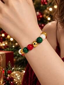 1pc Christmas Large Round Beaded Stretch Bracelet For Women, Holiday Party Statement Wrist Jewelry Christmas Gift,NO Gift Box - Large Bead Christmas Bracelet - View 2