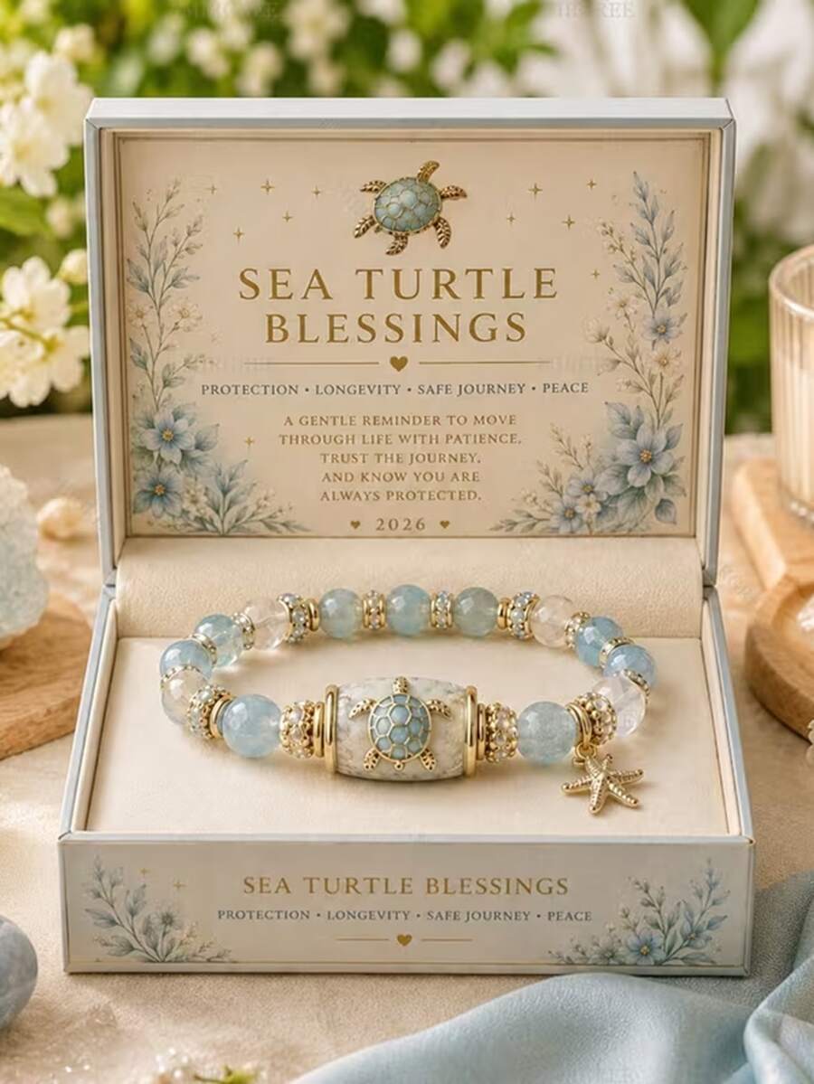 1件裝藍色海龜吊墜手鍊,優雅珠飾彈力繩配海星吊墜金屬海龜手鍊,藍色水珠與海星飾件,海岸海灘風,適合女性,旅行畢業禮物 - 淺藍色 - 查看 1