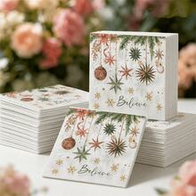 10pcs/20pcs/40pcs Christmas Decorative Paper Napkins, 2-Ply Disposable Napkins, Vintage Star Decorated Pine Tree And Snowflake Pattern, Suitable For Christmas Party Cocktail Napkins, Winter Party Table Decor - Christmas Pine Branch Star - View 1