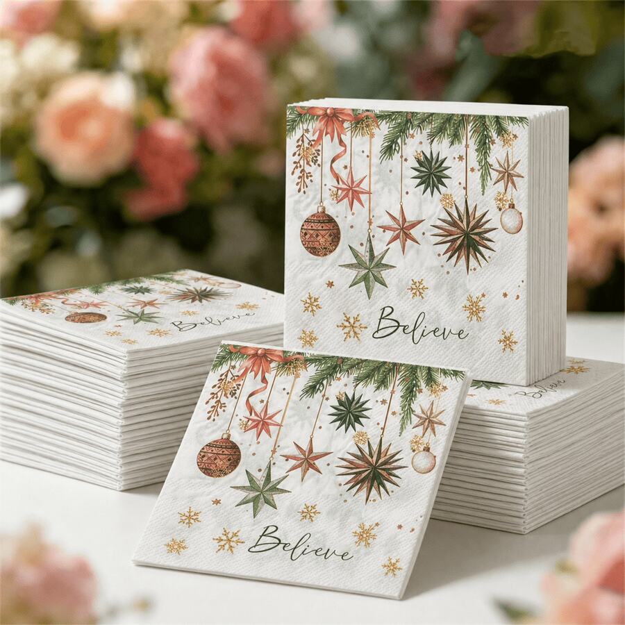 10pcs/20pcs/40pcs Christmas Decorative Paper Napkins, 2-Ply Disposable Napkins, Vintage Star Decorated Pine Tree And Snowflake Pattern, Suitable For Christmas Party Cocktail Napkins, Winter Party Table Decor - Christmas Pine Branch Star - View 1