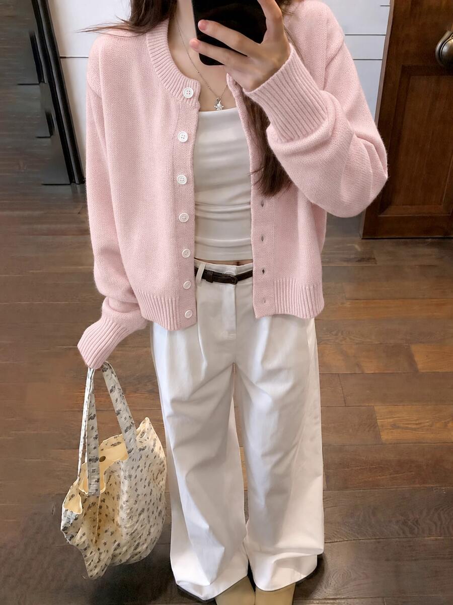 1pc Solid Color Ribbed Knit Front Button Cardigan For Office, Daily Wear, Home, Spring/Summer, Yellow - Light Pink - View 1
