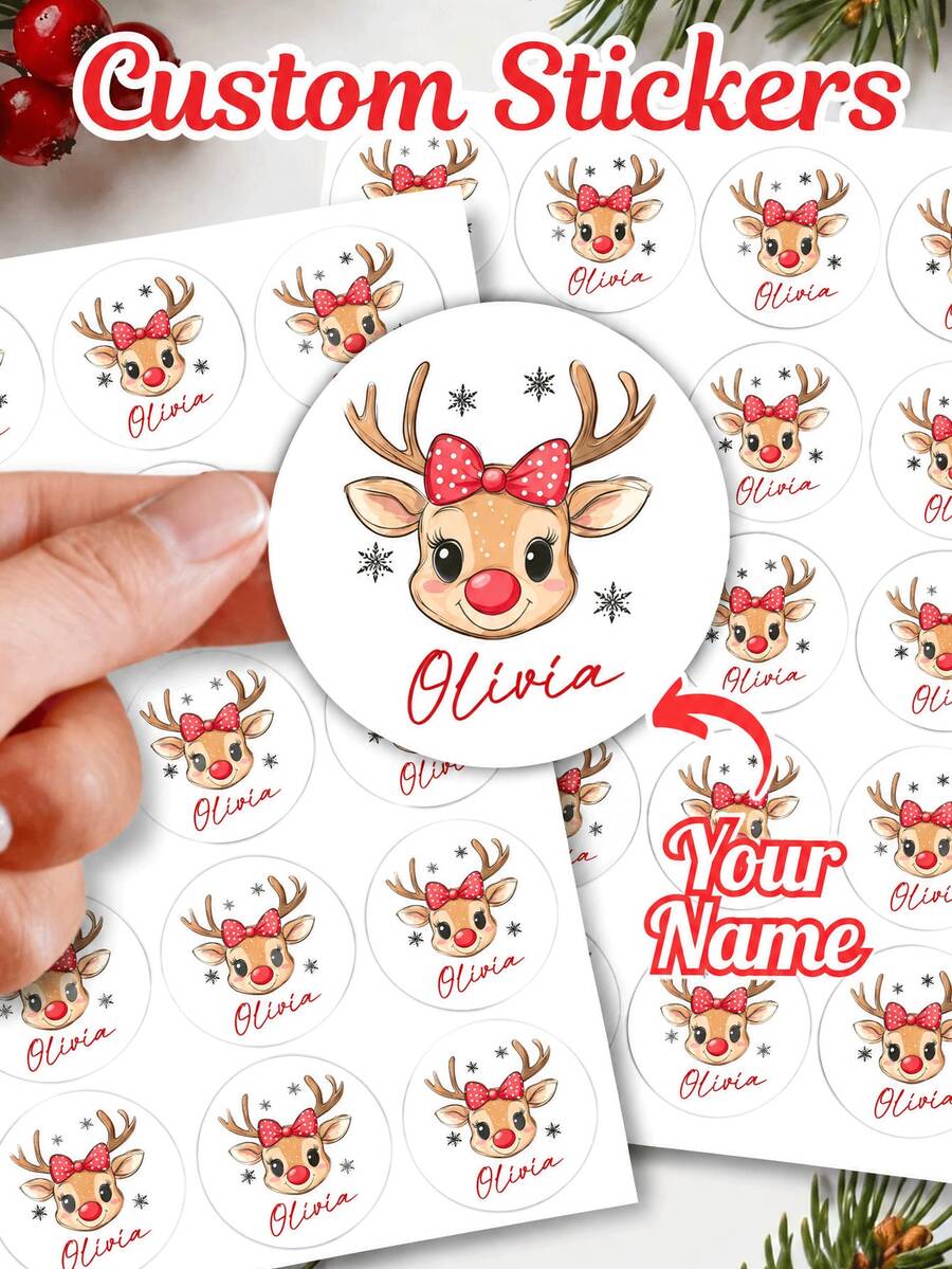Personalized Christmas Reindeer Name Stickers, Customized Name Round Gift Labels With Cute Red Bow, Reindeer Christmas Stickers, Holiday Gift Labels, Gift Packaging Seal Stickers, Christmas Party Favor Stickers, Envelope Seal Stickers, Customized Holiday Decorations - Multicolor (Snowman Face) - View 1
