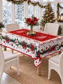 1pc Poinsettia Christmas Tablecloth, Red & White Candy Cane, Bow, Holly Berry & Snowflake Print, Polyester Christmas Table Cover, Christmas Dining Table Decor For Holiday Dinner, Christmas Party & Kitchen Decoration - Multicolor - View 9
