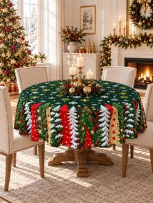 1 cái khăn trải bàn cây thông Noel màu xanh đậm in họa tiết cây thông, bông tuyết màu đỏ, trắng và vàng, chất liệu polyester, khăn phủ bàn ăn trang trí cho bữa tối lễ hội, tiệc Giáng sinh và trang trí bếp mùa đông - Nhiều màu - Xem 4