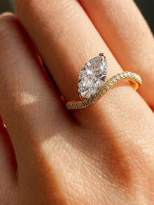 3pcs/Set 18K Gold Plated Luxury Marquise Main Stone Gemstone Ring, Round Side Stone Ring, Wave Eternity Ring, Exquisite Holiday Party Gift For Women - Yellow Gold - View 4