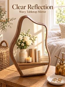 1pc Walnut Color Asymmetrical Desktop Vanity Mirror, Clear Imaging, Wavy Wood Grain Frame, Elegant Bedroom And Dressing Table Decor, Christmas, Birthday And Housewarming Gift - Multicolor - View 1