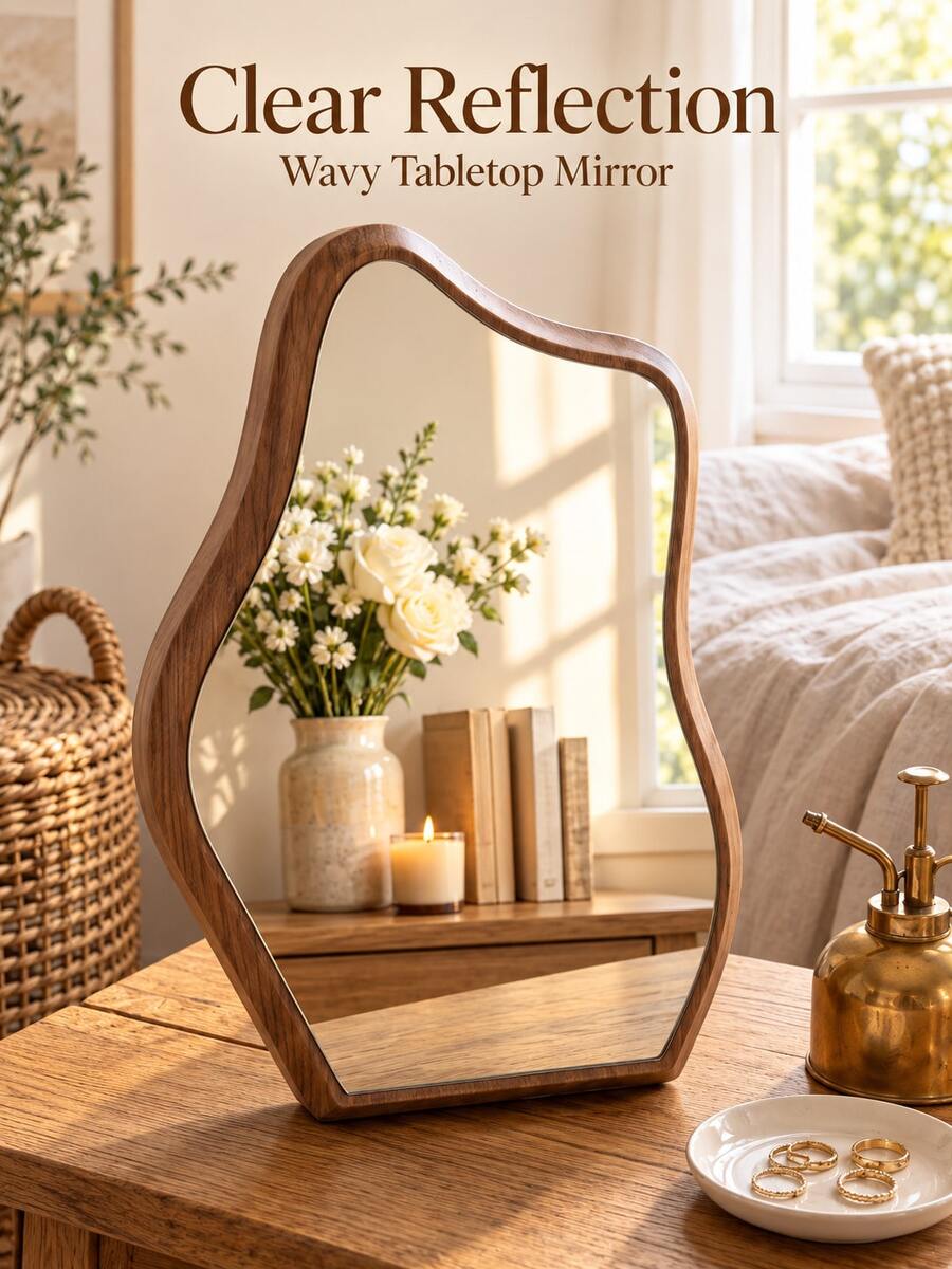 1pc Walnut Color Asymmetrical Desktop Vanity Mirror, Clear Imaging, Wavy Wood Grain Frame, Elegant Bedroom And Dressing Table Decor, Christmas, Birthday And Housewarming Gift - Multicolor - View 1