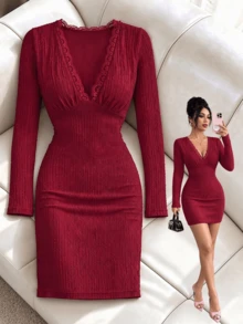 abyoxi Women Wine Red V-Neck Lace Trim Ribbed Mini Dress, Long Sleeve Bodycon Sexy Party Dress, Solid Color Elegant Lace Patchwork Ribbed Cup Detail - Burgundy - View 1
