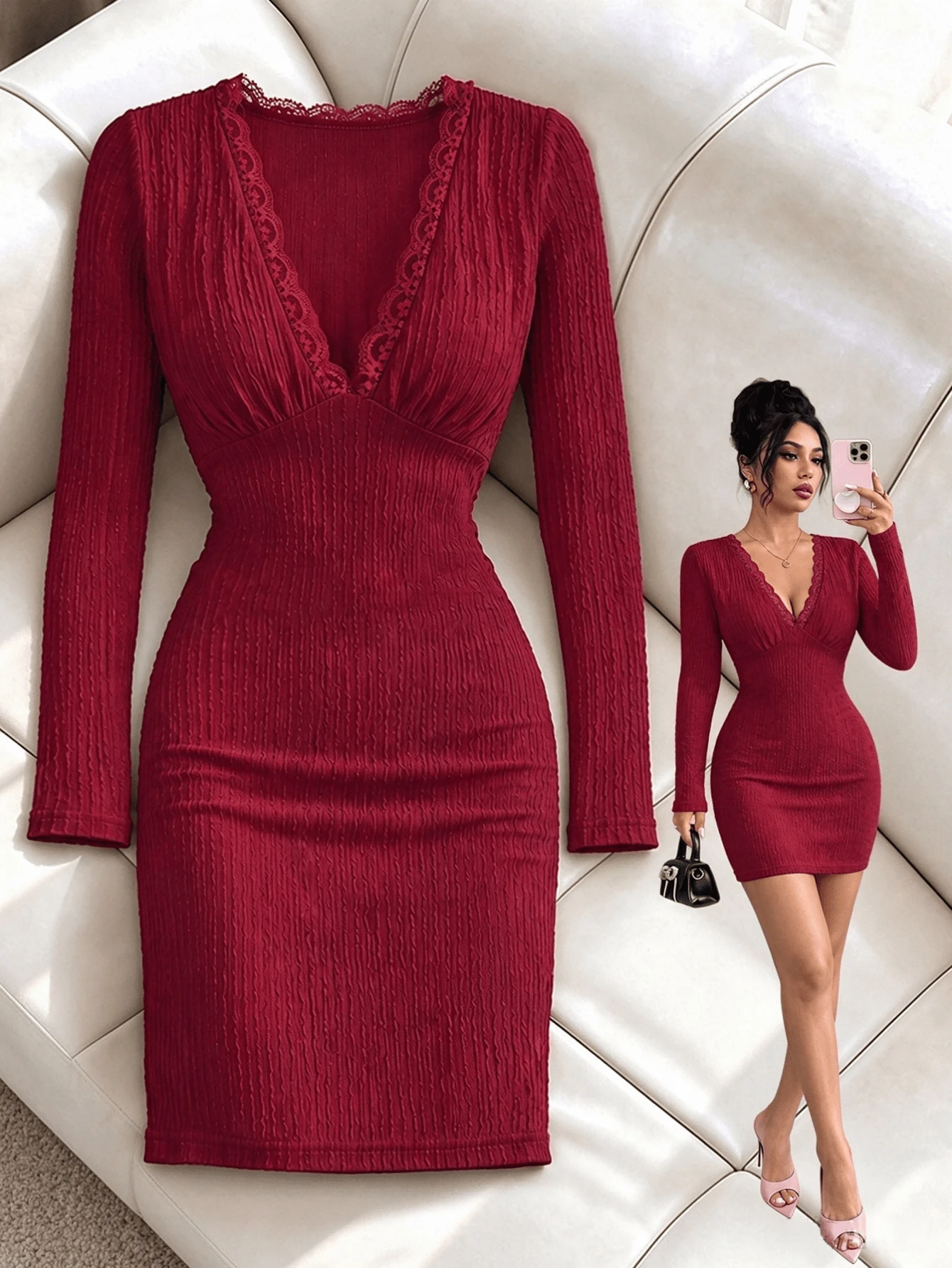 abyoxi Women Wine Red V-Neck Lace Trim Ribbed Mini Dress, Long Sleeve Bodycon Sexy Party Dress, Solid Color Elegant Lace Patchwork Ribbed Cup Detail - Burgundy - View 1