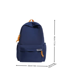 Unisex Backpack + Simple Solid Color School Rucksack + Large Capacity Multi Pocket + Student Daily Commute + Navy Blue With Yellow Contrast Handle - Multicolor - View 7