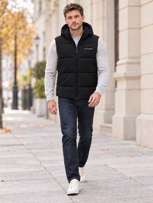 Men's Hooded Puffer Vest, Zip Up Padded Gilet - Black - View 4