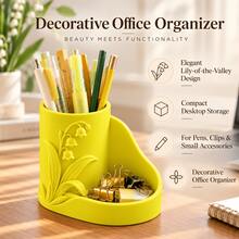 Lily Of The Valley Desktop Pen Holder With Storage Tray, Multifunctional Office Desk Stationery Organizer, Can Store Pens, Clips And Small Items, Elegant Desktop Decor, Christmas Gift, Holiday Office Desk Decoration - A - View 3