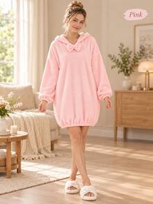 1pc Plush Fleece Bathrobe, Soft Warm Comfortable Plus Size Loungewear, Women's Long Sleeve Hooded Sleepwear, Suitable For Home Bedroom After Bath SPA Leisure Wear, Cold Mornings, Autumn/Winter - Multicolor - View 14