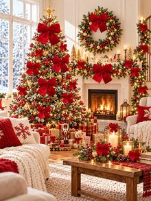 3 Sizes Red Plush Christmas Bow Decorations, Large, Medium, Small Plush Hanging Bows For Christmas Tree Top, Suitable For Christmas Tree, Wreath, Door, Fireplace Mantel, Holiday Party Home Decor, Gift Wrapping And Wedding Decoration - Red - View 2