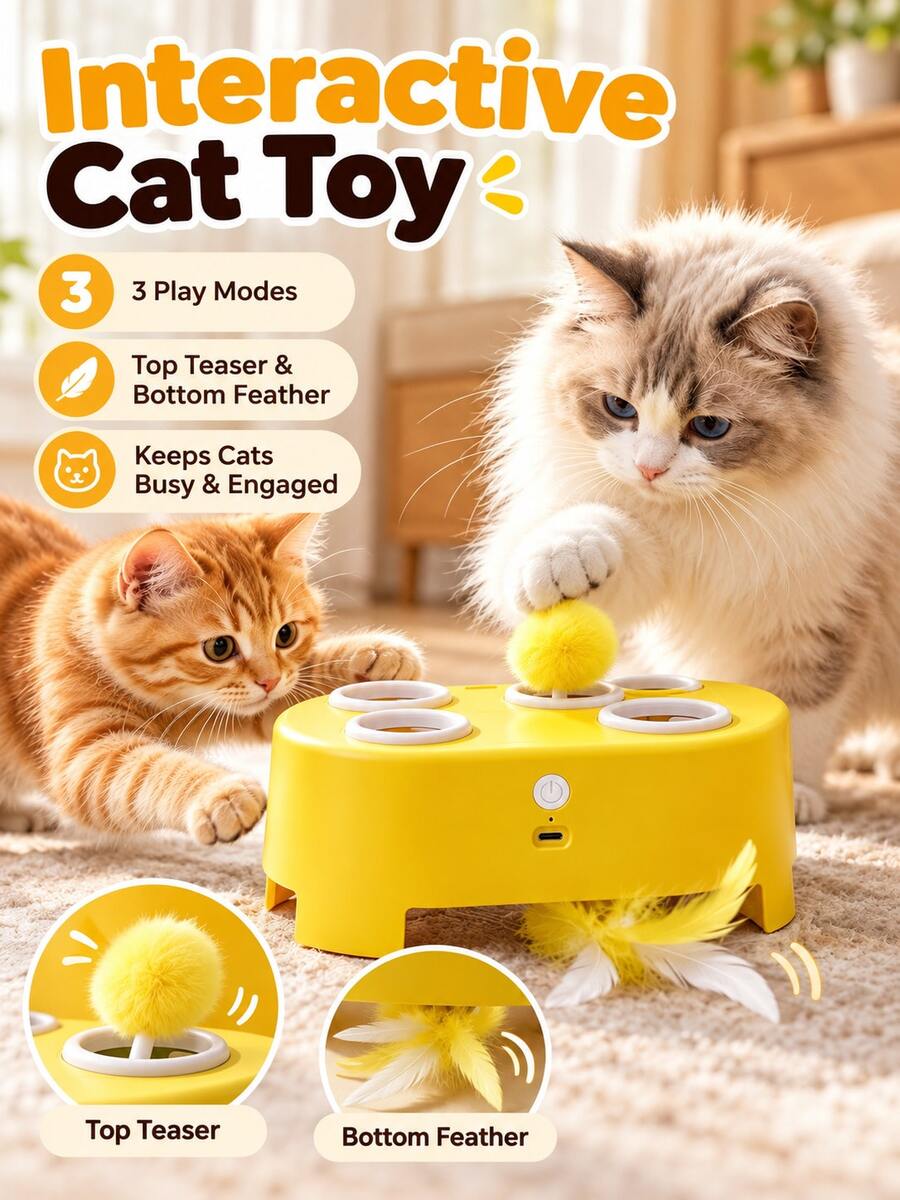 Interactive Cat Toys For Indoor Cats, Whack-A-Mole Rechargeable Cat Toy With Feather, Automatic 3-In-1 Cat Toys With 3 Modes, 4 Holes Kitten Toy For Cats Entertainment
