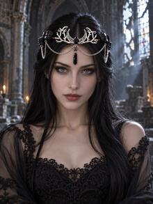 Black Crystal Moon Crown Gothic Chain Tiara For Halloween Costume Party Hair Decor - Black - View 1