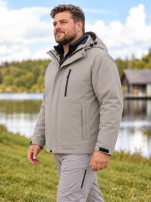 Plus Size Men 2 Pieces Hooded Puffer Jacket, Removable Inner Quilted Liner, Outdoor Warm Winter Coat - Light Khaki - View 5