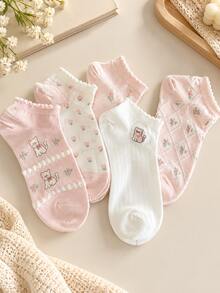 5 Pairs Mixed Women's Sweet Floral & Cat Short Socks, Pink & White Color, Ruffle Edge Jacquard Knit, Soft, Breathable, Comfortable, Cute Girly Style, Versatile Daily Wear - Multicolor - View 2