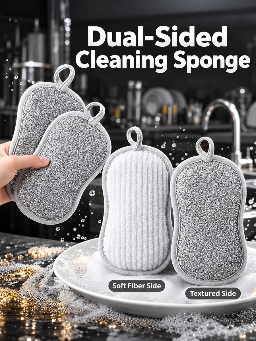 3/5pcs Double-Sided Multi-Function Scrubbing Sponge, Scratch-Resistant Dishwashing Sponge, Reusable Microfiber Sponge, Efficient Cleaning For Tableware, High-Density Inner Core, Kitchen Cleaning Tool