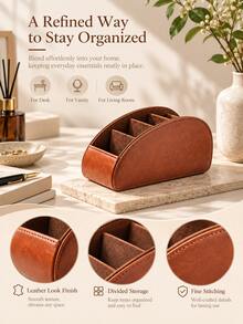 1pc Vintage Brown Stitching PU Leather Remote Control Holder, 5-Slot Design For TV Remote, Glasses And Pens, Space-Saving Desktop Organizer Box, Suitable For Home Office, Living Room, Bedroom And Coffee Table, Desktop Storage - Multicolor - View 4