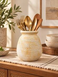 Ribbed Resin Utensil Holder For Kitchen Countertop, Glossy Textured Cooking Utensil Crock For Wooden Spoons, Spatulas, Whisks And Chopsticks, Decorative Kitchen Storage Organizer For Modern Farmhouse Home Decor - Multicolor - View 8