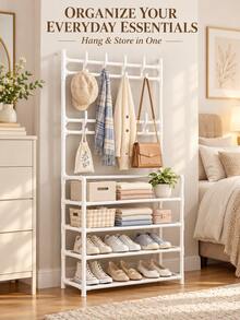 1pc White 2-In-1 Coat Rack And Shoe Rack, Space-Saving Freestanding Entryway Storage Rack With Multiple Hooks And Open Shelves, Multi-Functional Coat, Hat, Handbag, Shoe And Clothing Organizer, Suitable For Bedroom, Living Room, Hallway, Apartment, College Dorm, Small Space And Closet, Compact Vertical Storage Rack, Daily Home Organization, Back To School, Autumn/Winter Essential, Christmas, Halloween Home Gift - Multicolor - View 3
