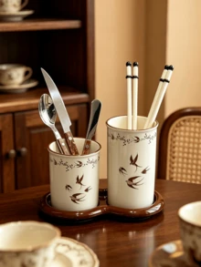 1PC Vintage Swallow Ceramic Chopstick Holder Set With Dual Cup Tray, Draining Chopstick Basket, Kitchen Utensil Storage Holder For Knives, Forks, Spoons, Retro Tableware Organizer - Multicolor - View 8